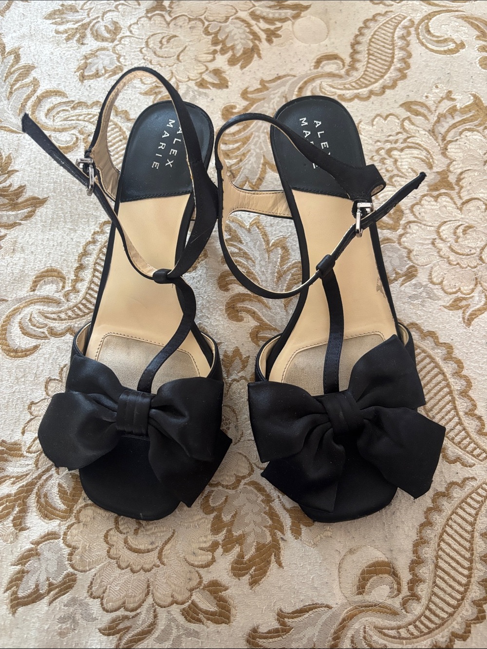 Alex Marie Black Satin Bow Peep-Toe T-Strap Heels
